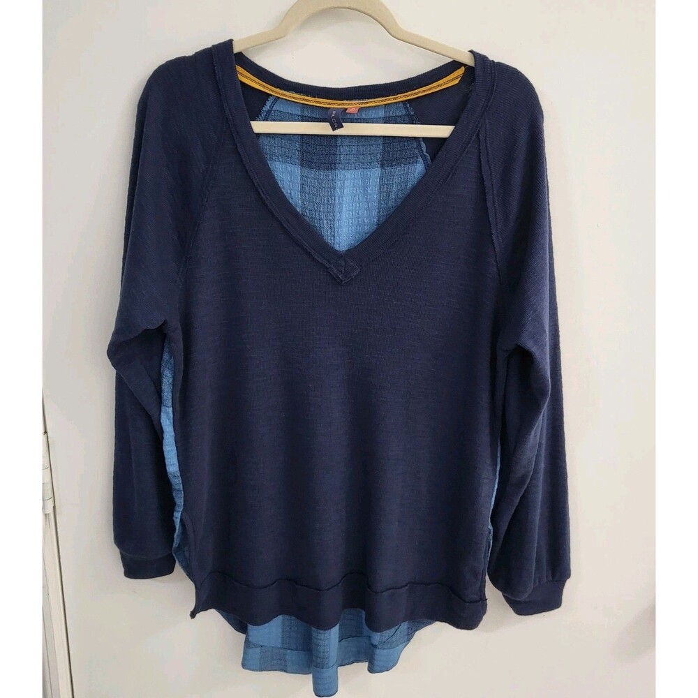 Anthropologie PILCRO V Neck Boyfriend Top Womens XS Blue Plaid Oversized Tunic